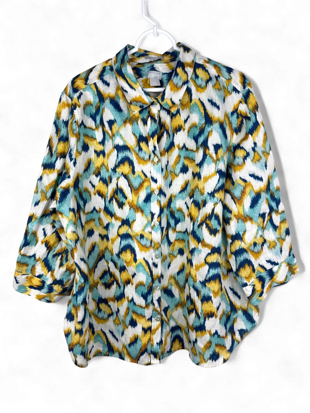 Chico’s 100% Linen Ikat Print Button Down Shirt Plus Size 4 US 20 XXL Blue Gold